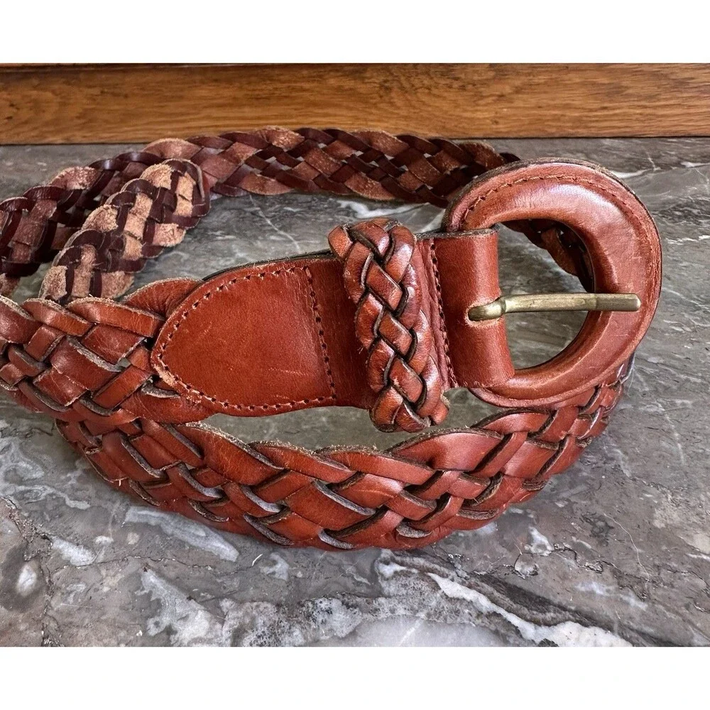 VTG 1980s 90’s Bass&Co? Boho Brown Leather Woven Braided Belt Women’s Large 1.5” - Picture 5 of 10